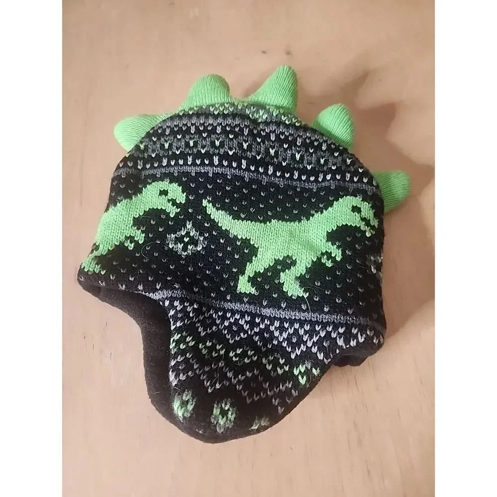 Addie & Tate Baby Boy Size 9-18 months Black & Green Dinosaur Hat & Mittens Set
